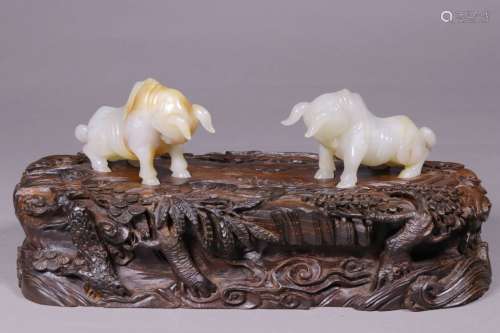 Two Chinese Jade Carved Bull