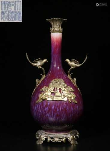 Chinese Lujun Glazed Vase w Bronze Mount,Mark