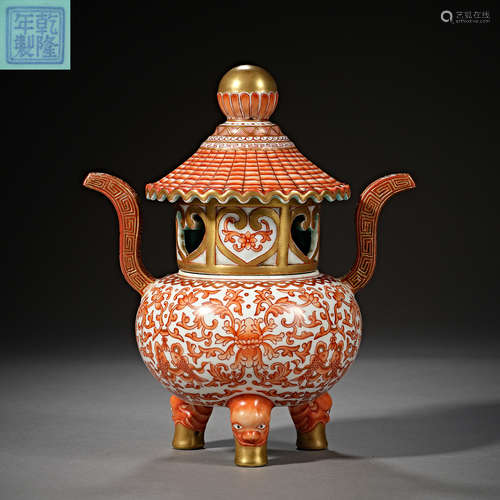 Qing Dynasty of China,Alum Red Gold-Traced Incense Burner