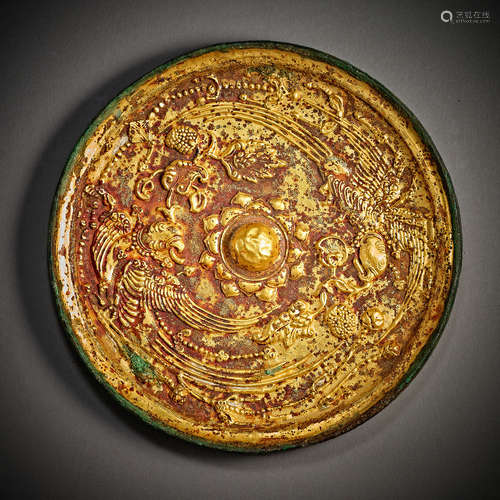 Tang Dynasty of China,Inlaid Pure Gold Piece Copper Mirror