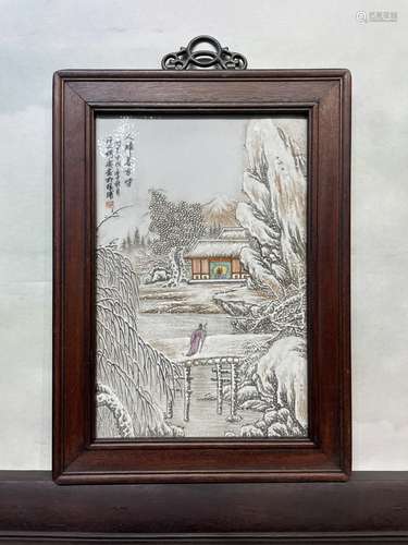 红木镶瓷板画老胎老胚带橘皮纹雪景图挂屏