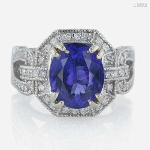 A 14K white gold, tanzanite, and diamond ring