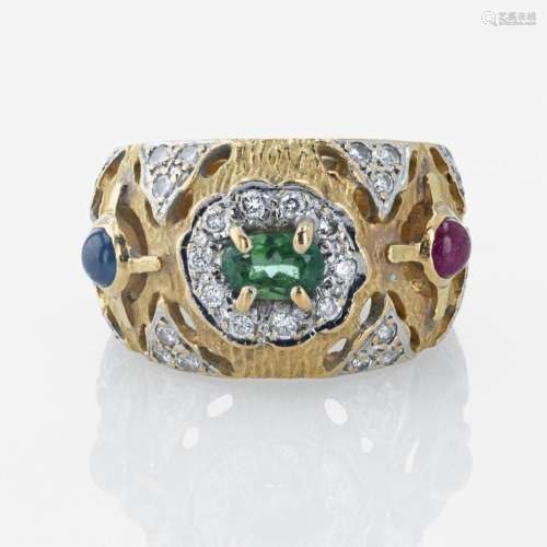 An 18K, yellow gold and gemstone ring, ANF