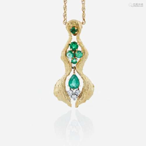 An 18K yellow gold, emerald, and diamond necklace