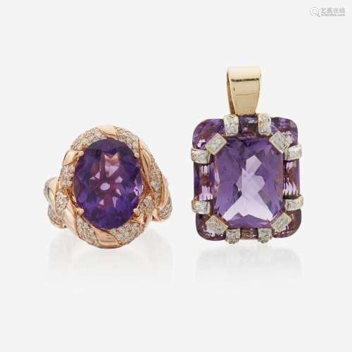 Two pieces of amethyst, diamond, and gold jewelry