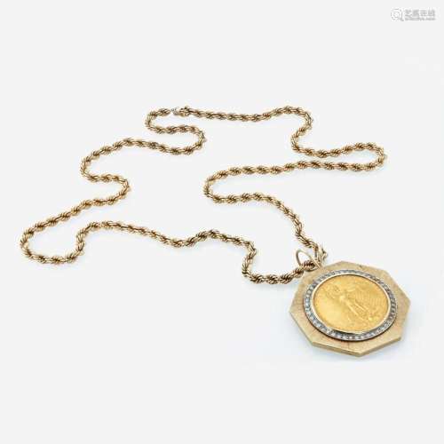 A 1927 St. Gaudens $20 gold coin and diamond necklace