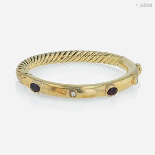 An 18K yellow gold, pink tourmaline, and diamond bangle, Dav...