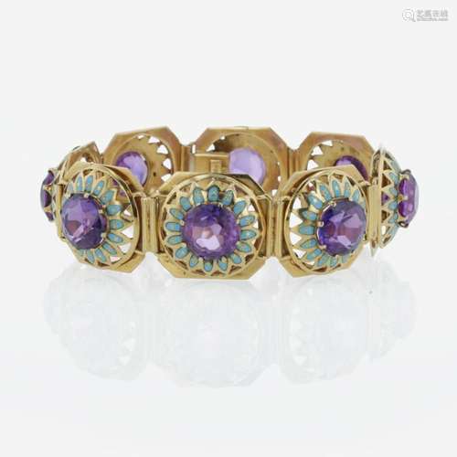 An 18K yellow gold, synthetic sapphire, and enamel bracelet