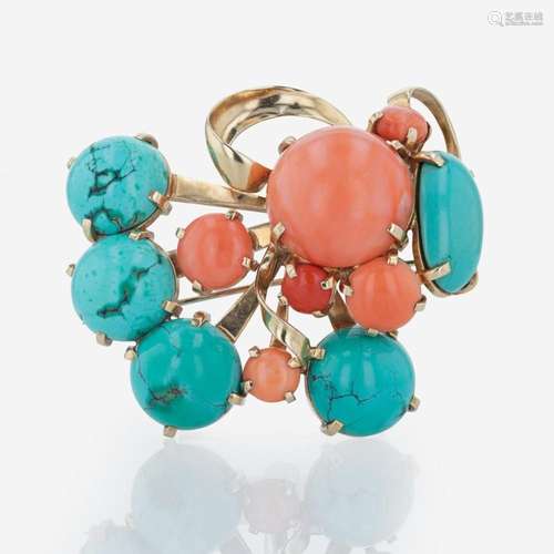 A 14K yellow gold, coral, and turquoise brooch Attrib: Seama...