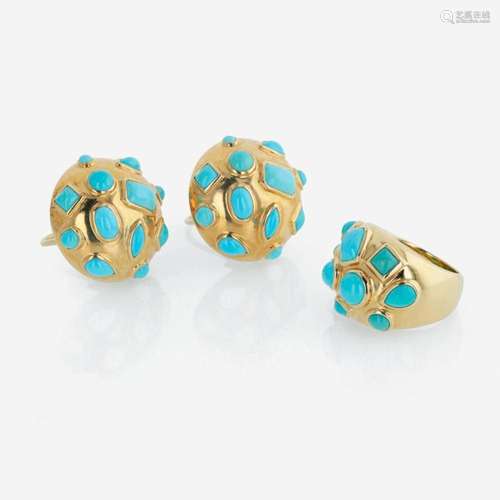 An 18K yellow gold and turquoise ring and earrings suite, Se...