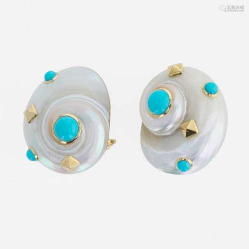 A pair of 18K yellow gold, Umbonium shell, and turquoise ear...