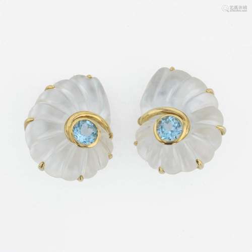 A pair of 18K yellow gold, rock crystal, and blue topaz ear ...