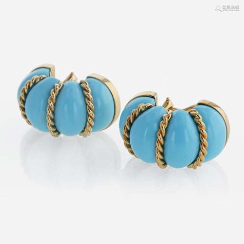 A pair of 18K yellow gold and turquoise ear clips, Seaman Sc...