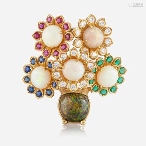 An 18K yellow gold, opal, diamond, emerald, sapphire, and ru...