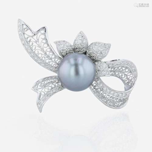 An 18K white gold, Tahitian cultured pearl, and diamond broo...