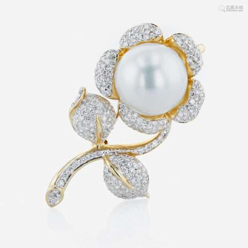 An 18K yellow gold, South Sea cultured pearl, and diamond pe...