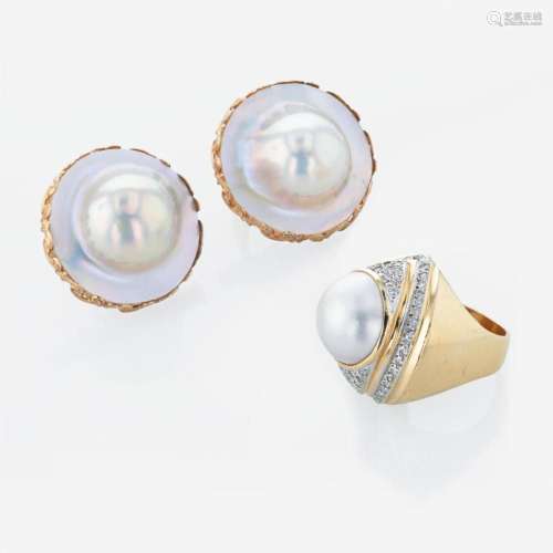 A 14K yellow gold pair of earrings and pearl and diamond rin...