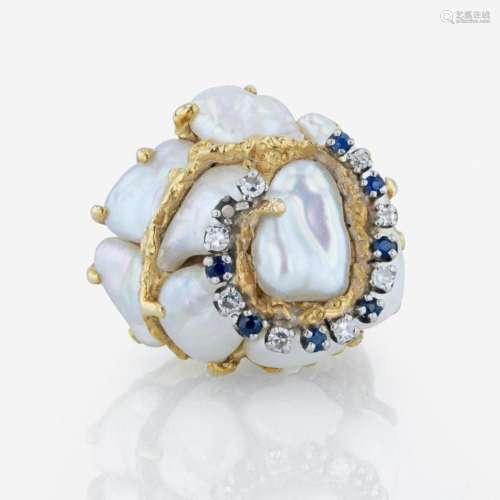 An 18K yellow gold, baroque cultured pearl, diamond, and sap...
