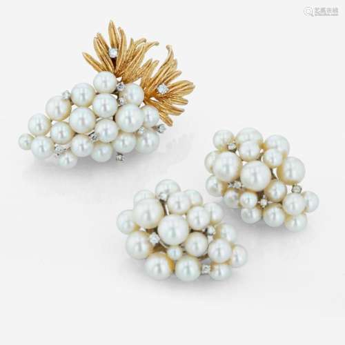 A pair of diamond, cultured pearl, and gold brooch with matc...
