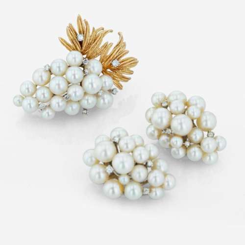 A pair of diamond, cultured pearl, and gold brooch with matc...