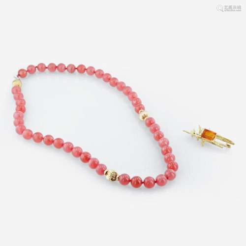 A rhodochrosite and 18K yellow gold bead necklace with citri...
