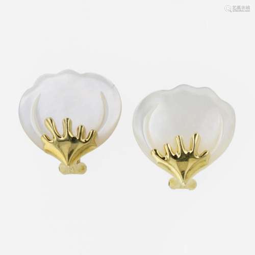 A pair of 18K yellow gold and mother of pearl ear clips, Tif...