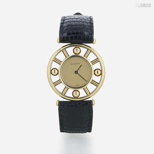 A lady s 18K gold and leather strap wristwatch, Tiffany &...