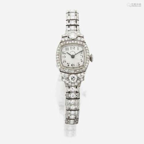 An Art Deco diamond and platinum bracelet watch, Tiffany &am...
