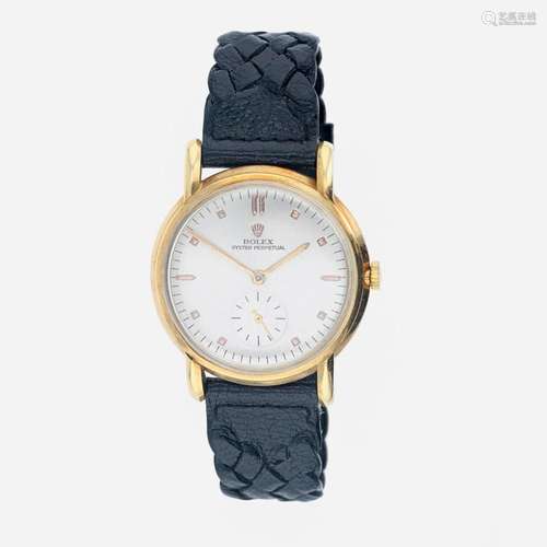 An 18K yellow gold leather strap wristwatch, Rolex Oyster Pe...