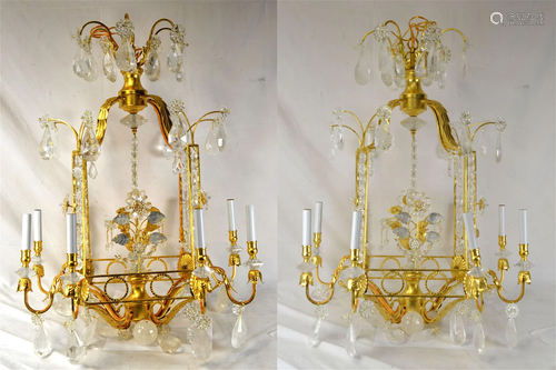 Large Pair Rock Crystal Gold Leaf Chandeliers