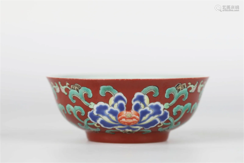 Chinese Famille Rose Carmine Ground Bowl