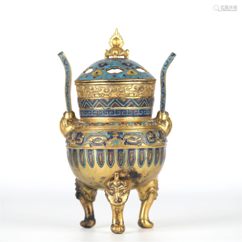 Chinese Jeweled Cloisonne Covered Tripod Censer