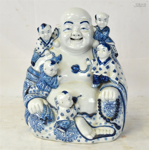 Chinese Blue & White Happy Buddha Figure Group