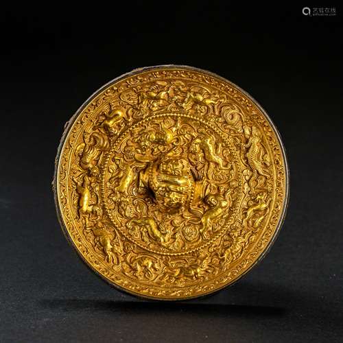 CHINESE TANG DYNASTY BRONZE MIRROR INLAID WITH GOLD SHELL