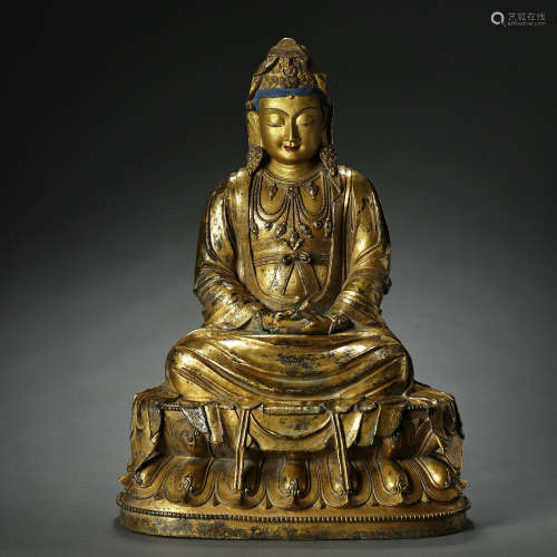 CHINESE MING DYNASTY GILT BRONZE SEATED STATUE OF GUANYIN