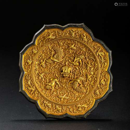 CHINESE TANG DYNASTY COPPER INLAID GOLD SHELL OCTAGONAL MIRR...