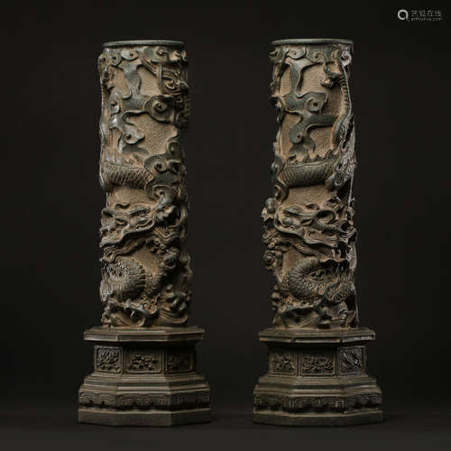 A PAIR OF STONE PILLARS WITH DRAGON PATTERN IN CHINESE SONG ...