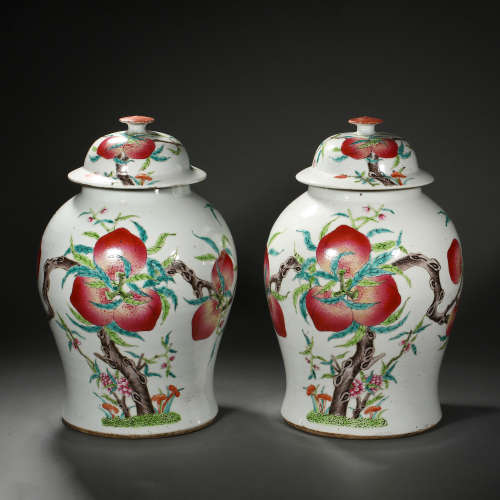 A PAIR OF CHINESE QING DYNASTY WUCAI PORCELAIN GENERAL JARS