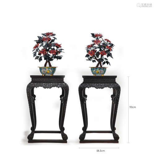 A PAIR OF CHINESE QING DYNASTY RED SANDALWOOD TABLE AND FLOW...
