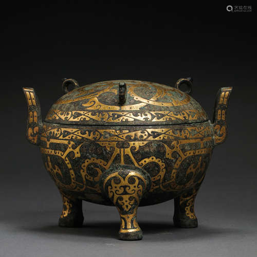 CHINA'S HAN DYNASTY BRONZE TRIPOD DING INLAID GOLD