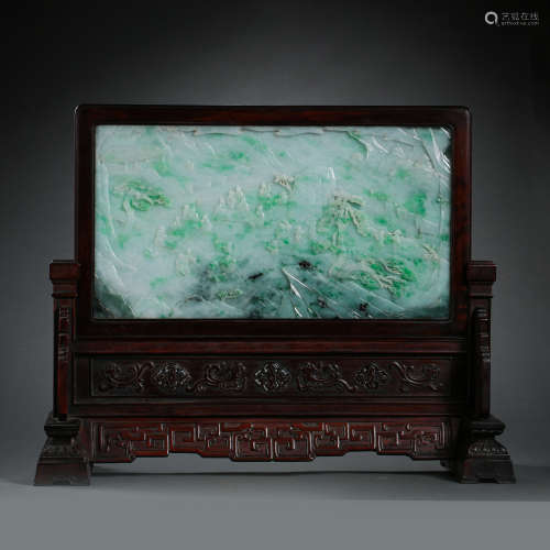 CHINESE QING DYNASTY MAHOGANY AND JADE SCREEN