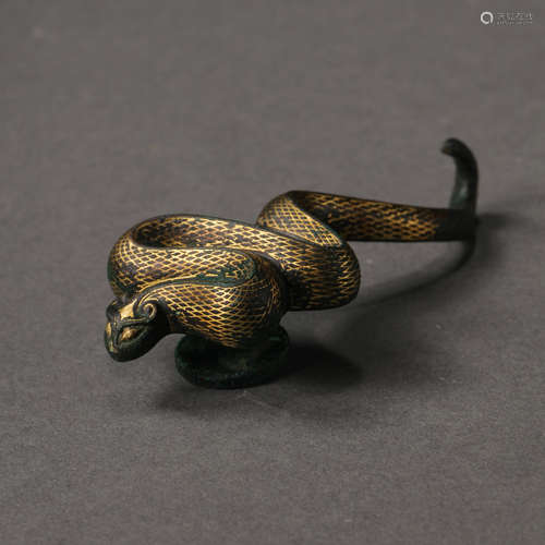 CHINESE HAN DYNASTY BRONZE SNAKE INLAID GOLD AND SILVER