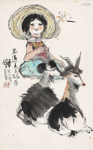 （1921-2007） 程十发 少女与羊 立　轴　设色纸本