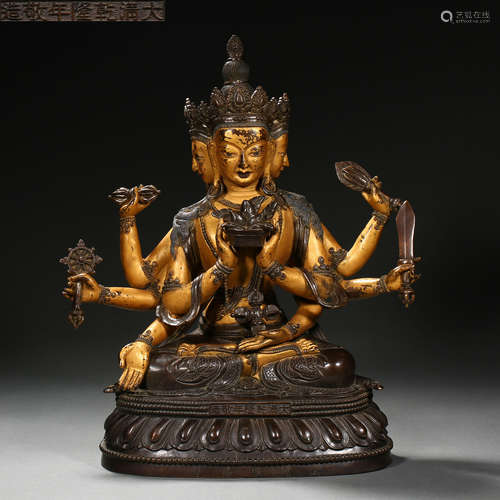 CHINESE BRONZE PARTIAL GILDED LIUPIN BUDDHA STATUE, QIANLONG...