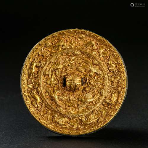 CHINESE TANG DYNASTY BRONZE GOLD SHELL MIRROR