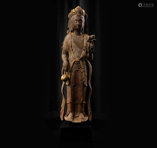 BLUESTONE PAINTED BUDDHA STATION STATUE, NORTHERN WEI DYNAST...