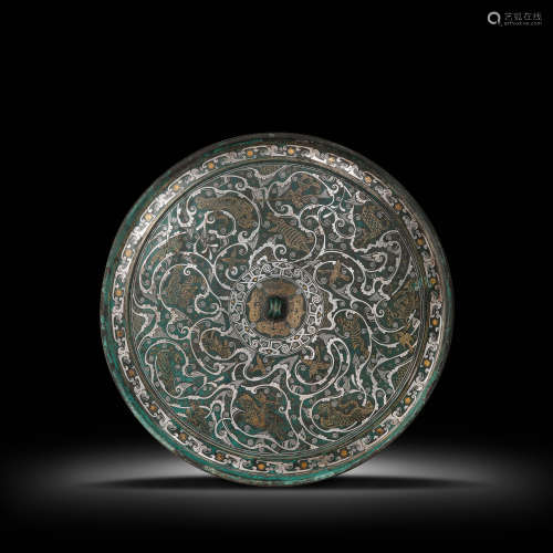 BRONZE MIRROR INALID WITH GOLD AND SILVER, WARRING STATES PE...