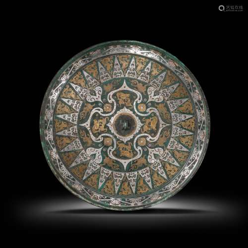 BRONZE MIRROR INALID WITH GOLD AND SILVER, WARRING STATES PE...