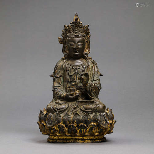 SEATED BRONZE-GILDED BUDDHA STATUE, MING DYNASTY, CHINA