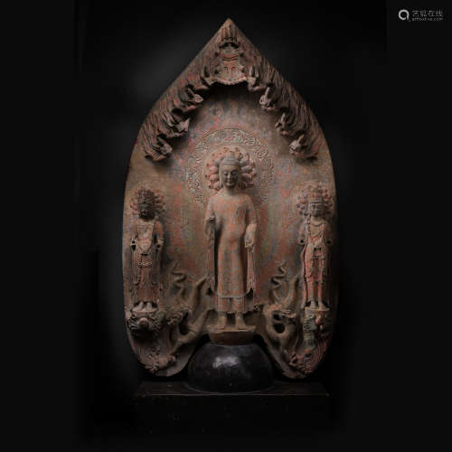 BLUESTONE PAINTED BUDDHA STATUES FROM THE NORTHERN WEI DYNAS...